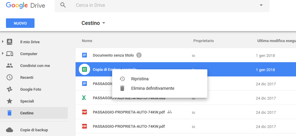 Procedura per recuperare file eliminati in Google Drive