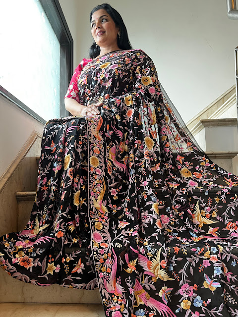 Elegance Personified: The Enchanting Black Multicolour Hand-Embroidered Parsi Gara Saree