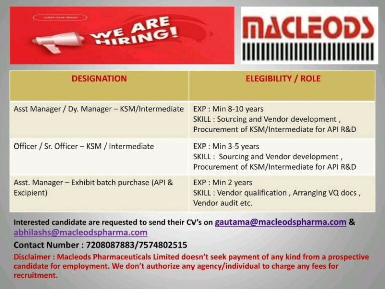 Job Availables,Macleods Pharma – Job Vacancy For Asst Manager,Officer