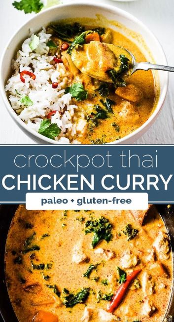 Crock Pot Thai Chicken Curry is one of the easiest meals to make and is so tasty. Curry paste, coconut milk, and ginger add a ton of flavor to this healthy, low-cal, and naturally paleo + gluten-free dinner. Your family will LOVE it!