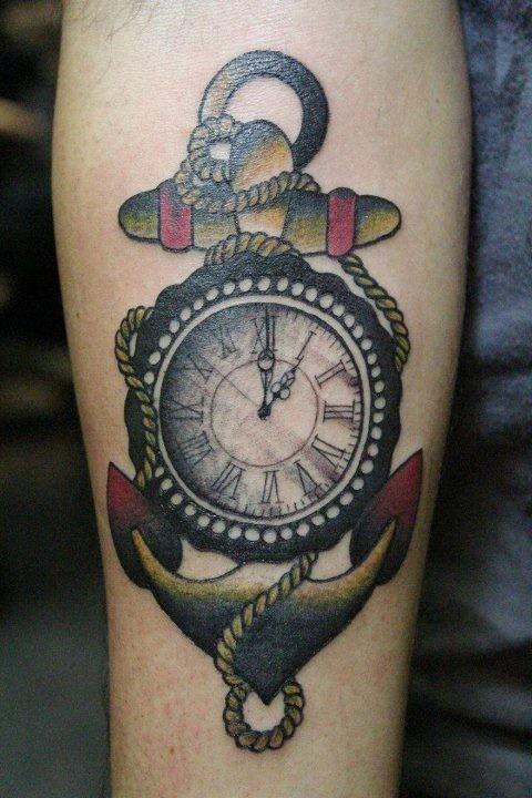 Coloured anchor and a compass tattoo