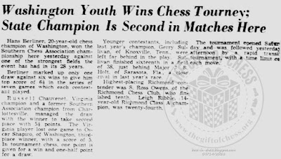 Washington Youth, Hans Jack Berliner, Wins Chess Tourney of State Champion Is Second in Matches Here