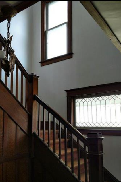 Sears Clyde No. 118 front staircase and leaded-glass window