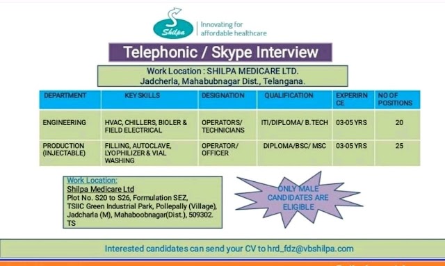Shilpa Medicare | Telephonic/Skype interview for Engineering & Production department