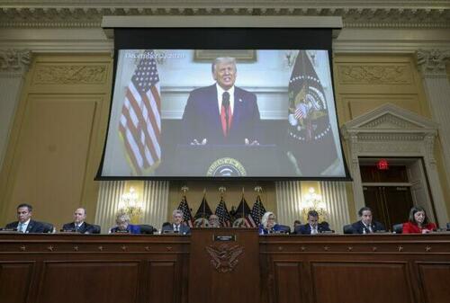 A video of former President Donald Trump is played during a hearing by the House January 6 committee in the Cannon House Office Building in Washington on Oct. 13, 2022