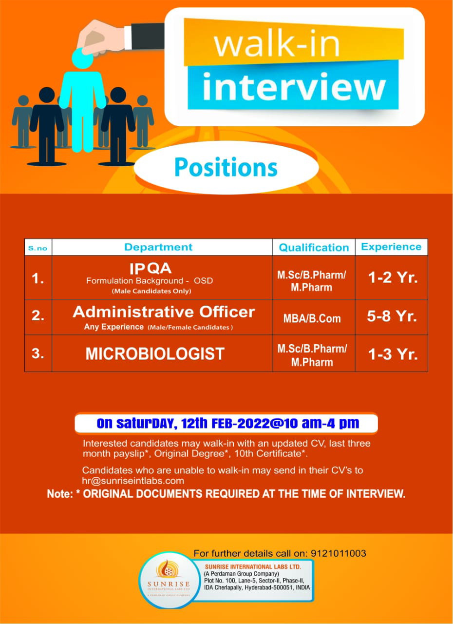 Job Availables,Sunrise International Labs Limited Walk-In-Interview For B.Pharm/ M.Pharm/ MSc/ B.Com/ MBA