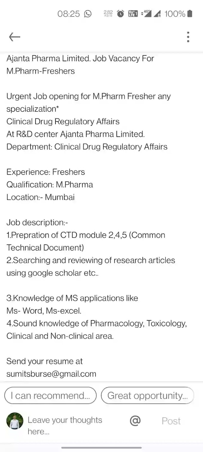 Ajanta Pharma Limited Job Vacancy M pharm Fresher 