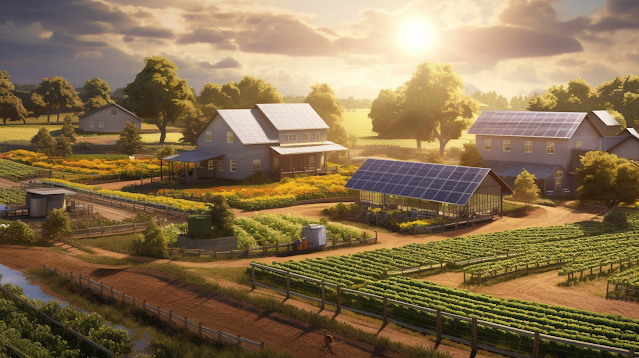 farm building and fields with crops and solar panels