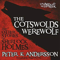 The Cotswolds Werewolf and Other Stories of Sherlock Holmes audiobook cover. A silhouetted wolf howls on a red background.