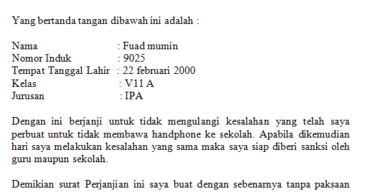 Contoh Surat Perjanjian Tidak Membawa Hp