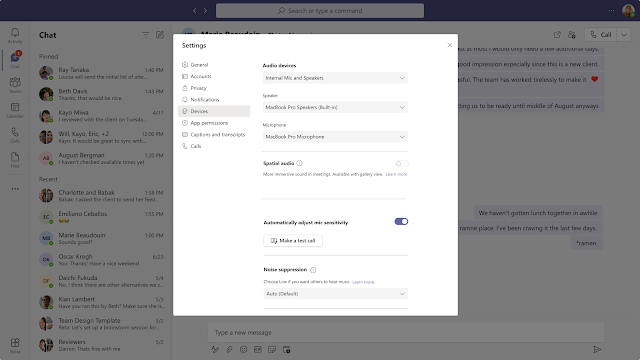 Screenshot of the Teams client settings section where users can adjust Spatial audio preferences by navigating to Devices -> Spatial audio, ensuring a customized and immersive audio experience in Microsoft Teams meetings.