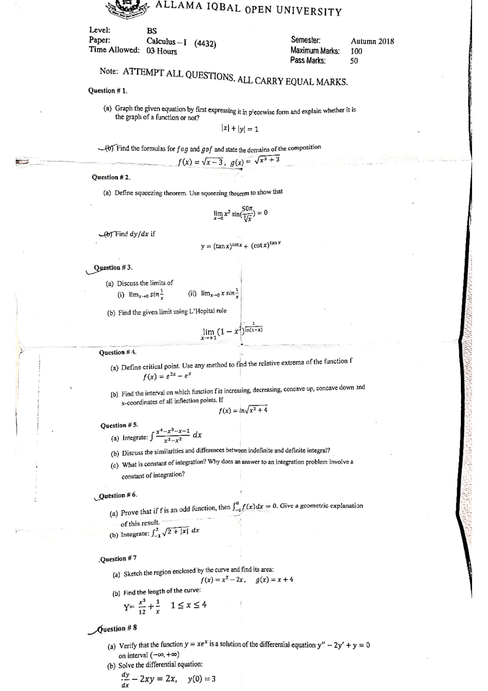 AIOU - Calculus-I 4432 Autumn 2018