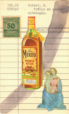 Madonna and Child, Mary and Jesus, vintage postage stamp, vintage rum liquor ad, library due date card art collage