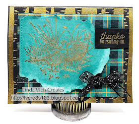 Linda Vich Creates: Pleasant Pheasants Meet Buffalo Check. Gold embossed pheasants nestle on a plaid background atop a card front embossed with the Woodland embossing folder to give the card added texture and interest.