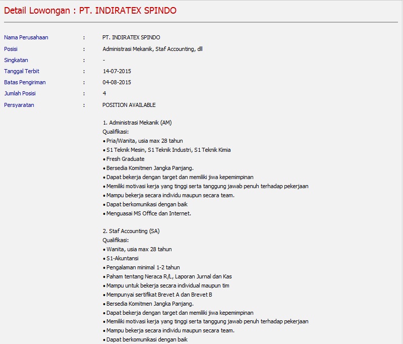 Lowongan Kerja PT Indiratex Spindo di Malang Agustus 2015 