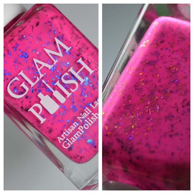 pink nail polish with color shifting flakies in a bottle