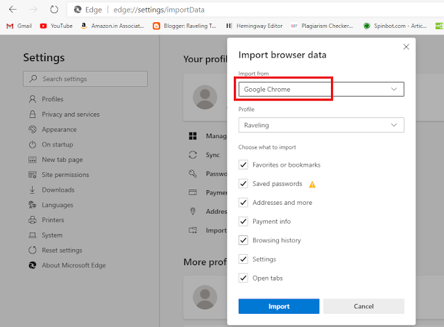 Import browser data from Chrome browser to edge