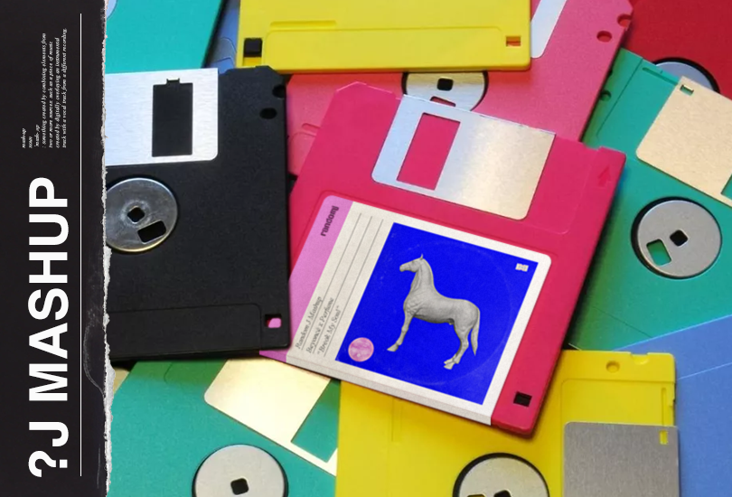 A pile of colourful floppy discs. With one pink disc with a label on it, which features the cover art of my Beyoncé x Perfume mashup. The cover art of which features a grey 3D render of a horse on a blue backdrop.