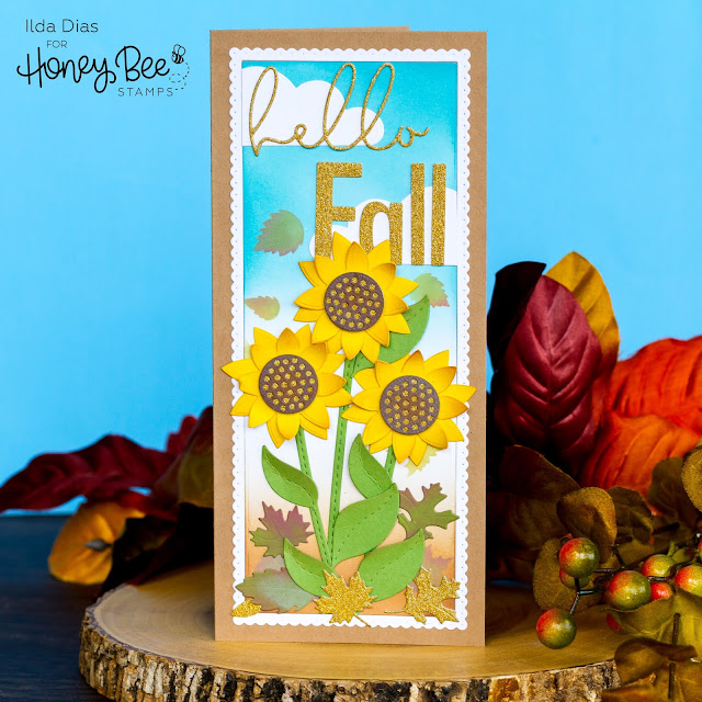 Hello, Fall, Sunflower, Slimline, Scene Honey Bee Stamps, Ink Blending, distress oxide inks, Card Making, Die Cutting, handmade card, ilovedoingallthingscrafty, Stamps, how to,  