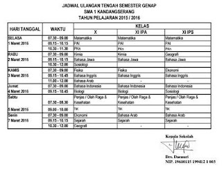Jadwal Ulangan Tengah Semester Genap Tahun 2015/2016