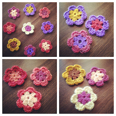 4 photos of colorful 2-tone crocheted flowers. 1 photo shows all 9 flowers laying on a dark wooden  surface. 1 photo shows the 3 flowers that have mostly red-pink coloring for their petals or centers. 1 photos shows the 3 flowers that have mostly bright purple for their petals or centers. And 1 photo shows the 3 flowers that have mostly yellow for their petals or centers. 