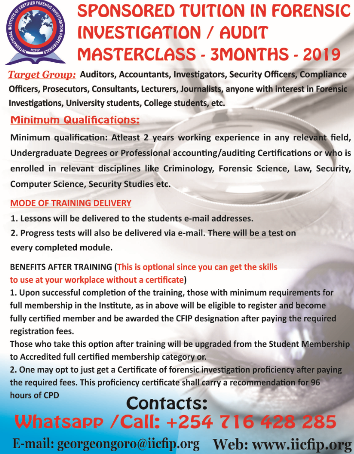 SPONSORED TUITION ON FORENSIC INVESTIGATION /AUDIT MASTERCLASS FOR 3 MONTHS - 2019