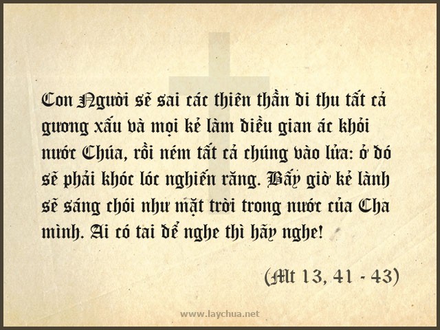 Con Người sẽ sai các thiên thần đi thu tất cả gương xấu và mọi kẻ làm điều gian ác khỏi nước Chúa, rồi ném tất cả chúng vào lửa: ở đó sẽ phải khóc lóc nghiến răng. Bấy giờ kẻ lành sẽ sáng chói như mặt trời trong nước của Cha mình. Ai có tai để nghe thì hãy nghe (Mt 13, 41 - 43)