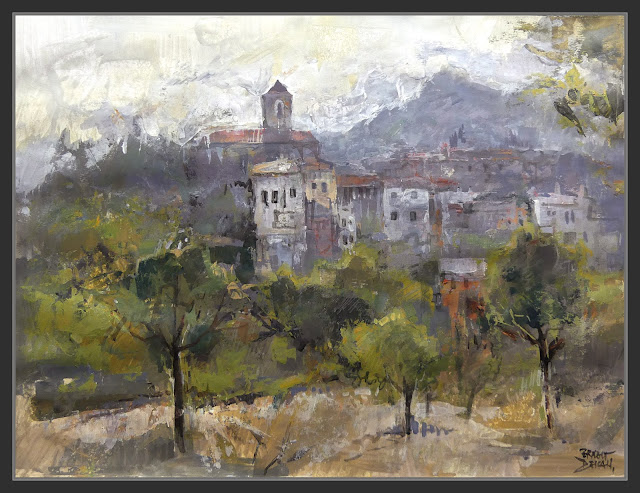 L'ARGENTERA-PINTURA-PAISATGES-PANORAMICA-POBLES-BAIX CAMP-TARRAGONA-CATALUNYA-PINTOR-ERNEST DESCALS