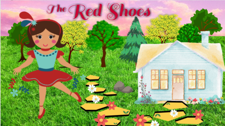 The little girl is dancing with wear red shoes.