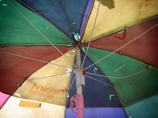 The top of the inner phase of a large colorful umbrella.