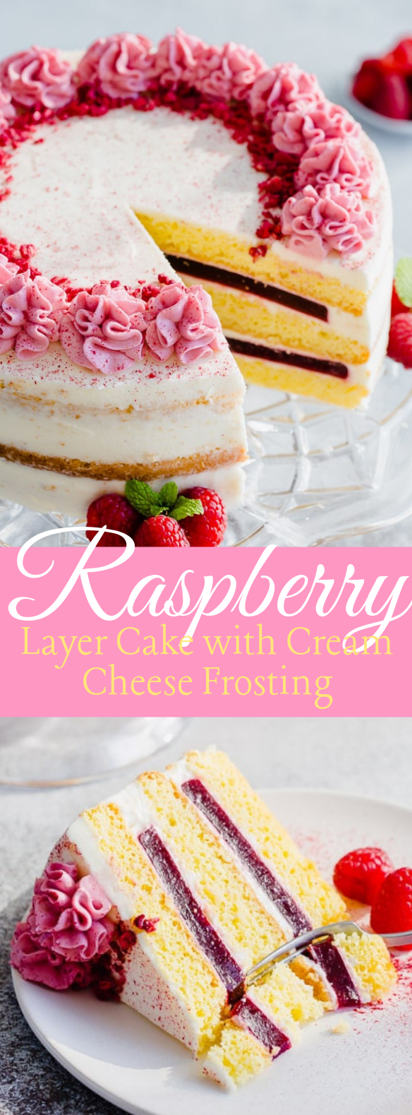 Raspberry Layer Cake with Cream Cheese Frosting #dessert #cake