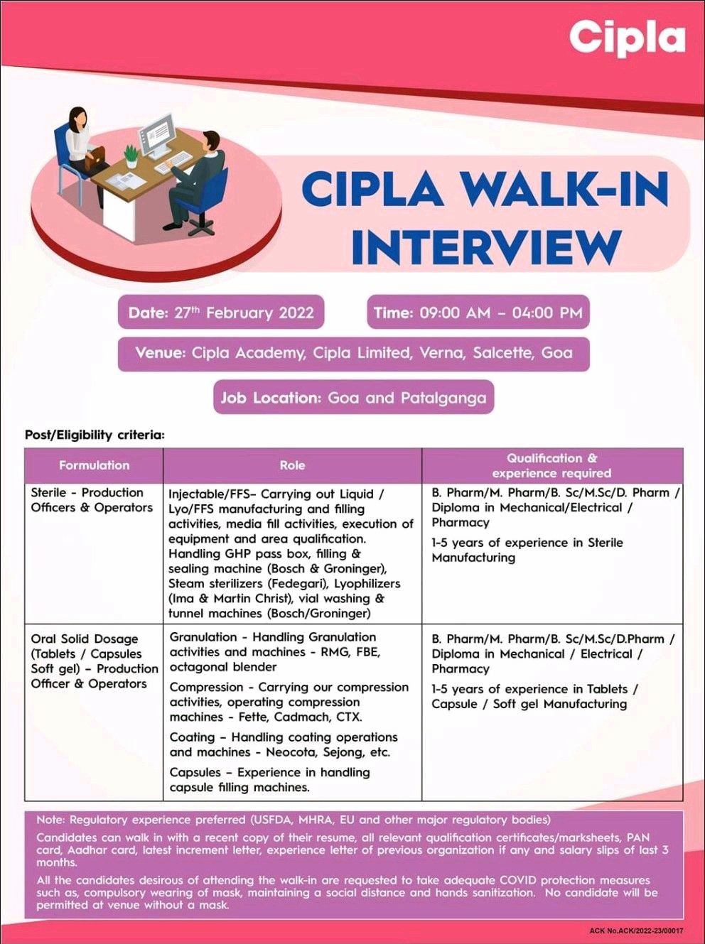 Job Availables,Cipla Limited Walk-In-Interview For B.Pharm/ M.Pharm/ MSc/ BSc/ D.Pharm/ Diploma Mechanical/ Electrical/ Pharmacy