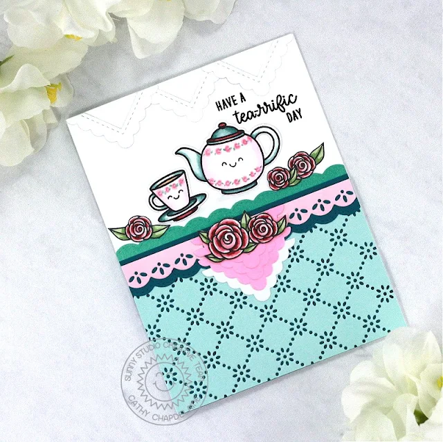 Sunny Studio Stamps: Tea-riffic Card by Cathy Chapdelaine (featuring Ribbon & Lace Border Dies, Frilly Frame Dies, Notebook Dies)