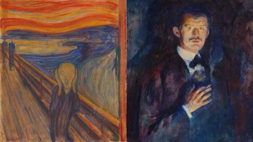 The Scream painting by Edvard Munch and beside it, his self-portrait.