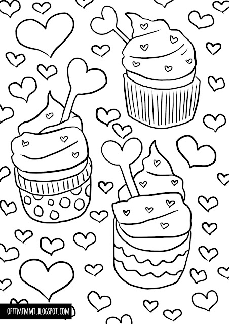 A coloring page of cupcakes for Valentine's Day / Värityskuva kuppikakuista ystävänpäivää varten