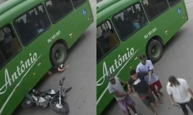 Motoqueiro sobrevive ileso após cair e parar embaixo da roda de ônibus: “Foi Deus”