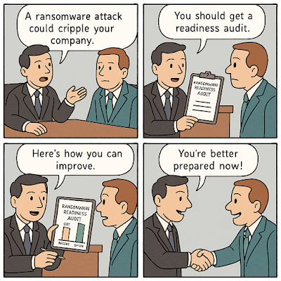 A four-panel digital comic illustrates a ransomware readiness audit. In the first panel, a consultant warns, “A ransomware attack could cripple your company.” In the second, he recommends, “You should get a readiness audit,” while handing over a clipboard labeled “Ransomware Readiness Audit.” In the third, he says, “Here’s how you can improve,” showing a bar chart from the audit. In the final panel, he shakes hands with the executive, saying, “You’re better prepared now!”