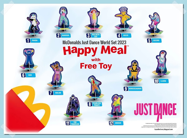 McDonalds Just Dance Toys 2023 Happy Meal Toy Promotion World Set of 12 toys includes: Reece, Boogiesaurus, Marisol, Lucero, Llama, Ron, Fearless Pirate, Kulikita Cat, Maloo, Dougie, the Traveler. Distributed around the world in Austria, Germany, Belgium, France, Greece, Slovenia, Australia, NZ, Singapore, Malaysia, Thailand, Vietnam during April 2023.