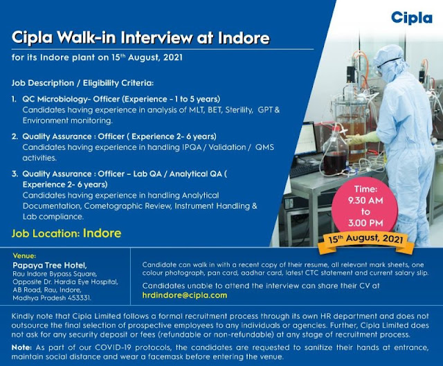 Job Availables, Cipla Limited Walk-In Interview For QC- Micro/ QA - Multiple Opening