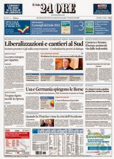 Il Sole 24 Ore del 4 Gennaio 2012 | ISSN 0391-786X | PDF HQ | Quotidiano | Economia | Finanza | Politica
Il Sole 24 Ore è il quotidiano economico più venduto tra quelli pubblicati in Italia e il terzo giornale d'informazione più venduto nel paese dopo il Corriere della Sera e La Repubblica.
La testata nacque il 9 novembre 1965 dalla fusione di due quotidiani: Il Sole, fondato nel 1865, e 24 Ore, nato nel 1946.