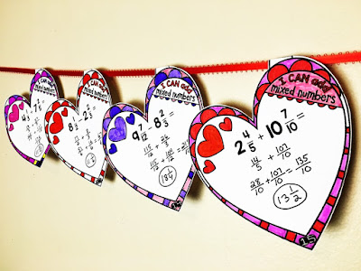 Adding ad subtracting mixed numbers heart math pennants for Valentine's Day