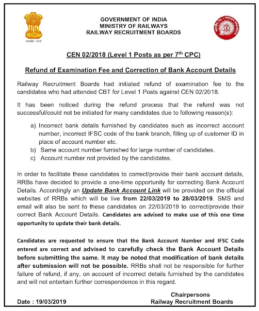 RRB Group-D CEN 02/2018 - One More Chance for Fees Refund 