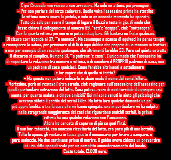 E qui Croccolo non riesce a non arrossire. Ma solo un attimo, poi prosegue: – Per non parlare del terzo cadavere. Quella volta l’assassino prima ha stordito  la vittima senza usare la pistola, e solo in un secondo momento ha sparato.  Tutto ciò solo per avere il tempo di legare il Buzzi a testa in giù, di modo che  fosse chiaro il collegamento al numero 69, “sott’e ‘ncoppa”, cioè “sottosopra”.  Con la quarta vittima poi non ci si poteva sbagliare. Gli bastava un frate qualsiasi.  Di sicuro corrisponde al 37, “’o monaco”. Ma comunque a scanso di equivoci ha perso tempo  a ricomporre la salma, per precisare al di là di ogni dubbio che proprio di un monaco si trattava,  e non per esempio di un vecchio qualunque, che altrimenti farebbe 53. Però col quinto estratto  il discorso si complica. Numero 31, “’o padrone ‘e casa”. L’unico modo che l’assassino ha  di rispettare la relazione tra numero e vittima, è di uccidere il PROPRIO padrone di casa, non  un padrone di casa qualsiasi. Come farebbe altrimenti a sottolineare  e far capire che di quello si tratta? – Ma questo non poteva indicarle in alcun modo il nome del serial killer… – Verissimo, però mi restava l’altra strada, cioè ragionare sull’ossessione dell’assassino per  quella particolare estrazione del lotto. Cosa poteva avere di così terribile da spingere una  mente, per quanto malata, a cinque omicidi? Qui mi sono venuti in aiuto gli psicologi che  avevano stilato il profilo del serial killer. Ho fatto loro qualche domanda un po’  più approfondita, e tra le cose che mi hanno spiegato, una in particolare mi ha colpito:  nella stragrande maggioranza dei casi che riguardano omicidi seriali, la prima  vittima ha una qualche relazione con l’assassino.  Allora ho cercato di saperne di più su quel Pinzi.  Il suo bar-tabacchi, con annessa ricevitoria del lotto, era poco più di una bettola.  Tolte le spese, gli restava in tasca giusto il necessario per tirare a campare, e  pure maluccio. Ma due settimane prima di morire, il gobbo aveva chiesto un preventivo  ad una ditta specializzata per un completo ammodernamento del locale.  Costo totale, 12.000 euro.