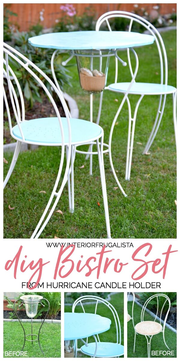 How to build a DIY bistro table set using a hurricane candle holder and upcycled second-hand metal bistro chairs unified to match. #diybistrotable #coastalfurniture #repurposedfurniture