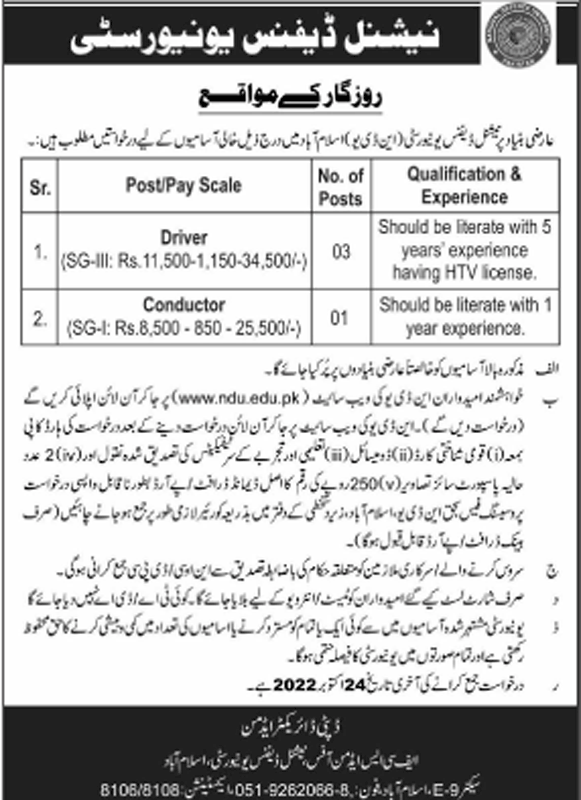 Govt Jobs Islamabad 2022 At National Defence University
