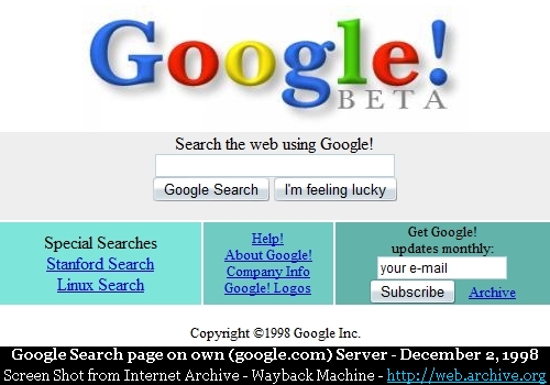 google 1998. google 1998 homepage.