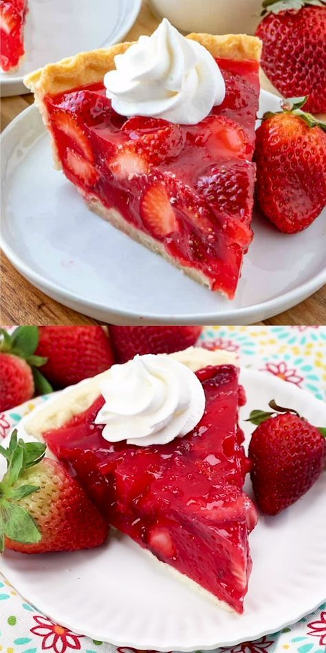 Easy, delicious and bursting with flavor this Strawberry Pie is an old-fashioned recipe that has minimal ingredients, intense strawberry flavor and absolutely addicting. #pie #strawberries #dessert #jello #baking #baker #recipes #delicious