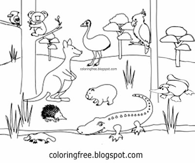 Fun easy to colour in kids clipart black and white Australian cartoon animals reptile birds wildlife