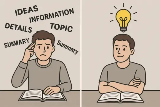 Ilustração comparando estudante confuso com excesso de informações e outro compreendendo o texto com clareza, simbolizando o entendimento da ideia central — Inglês no Enem: Como Achar a Ideia Central do Texto.
