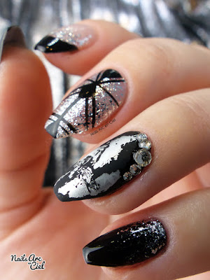 Nail Art - Silver & Black abstrait géométrique et foil mat noir et argent par Nails Arc en Ciel